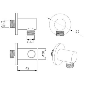 Technische Zeichnung: PaulGurkes Wandanschlussbogen für Duschsystem, Maße und Details.