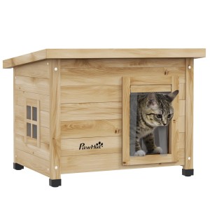 PawHut Katzenhaus aus Holz mit Türvorhang und erhöhtem Design. Katze schaut aus dem Haus.