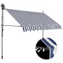 Einziehbare Markise blau-weiß gestreift mit LED-Beleuchtung, Solarmodul und Handkurbel. Für Terrasse.