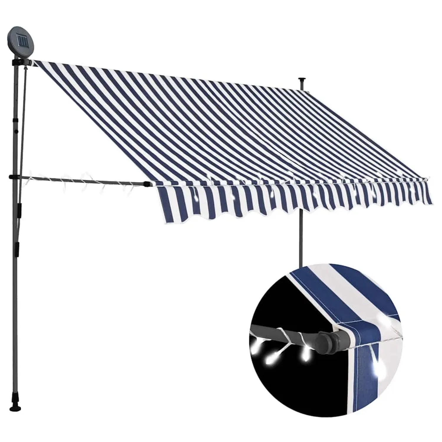 Einziehbare Markise blau-weiß gestreift mit LED-Beleuchtung, Solarmodul und Handkurbel. Für Terrasse.