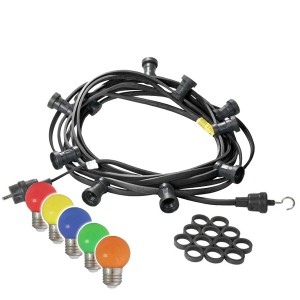 Satisfire Illu-Partylichterkette, 30 m, schwarz, mit bunten LED-Kugellampen für Biergarten & Außenbereich.