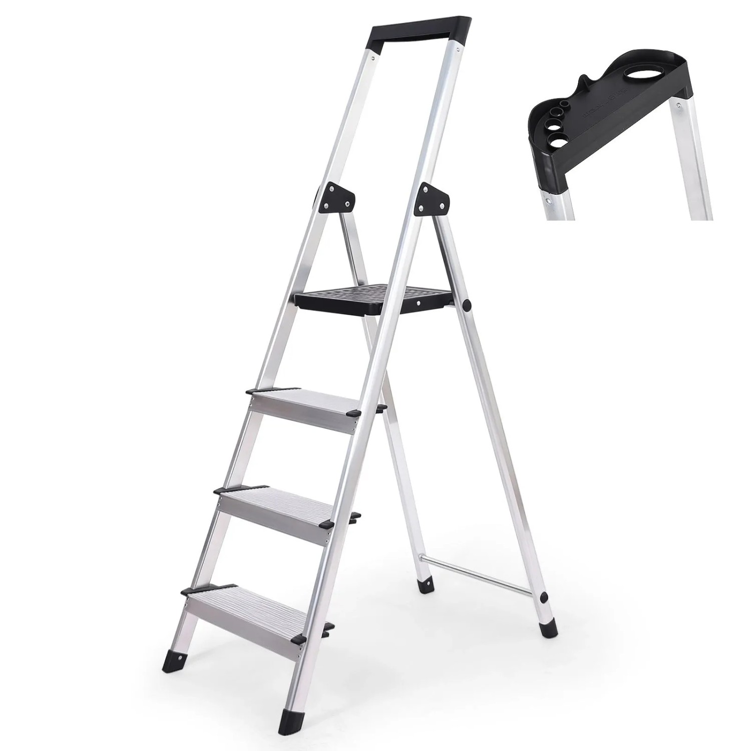 Sekey Stehleiter 4 Stufen Alu Klappleiter mit Werkzeugablage 12 cm Trittstufen bis 150 kg