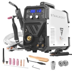 STAHLWERK MTM 200 ST 3-in-1 Kombi-Schweißgerät, silber/schwarz, mit WIG/MIG/MMA-Brennern und Schweißzubehör.