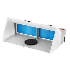Doppel Absauganlage für Airbrush, grau-weiß mit blauen Filtern und Drehteller. Effiziente Farbnebel-Absaugung.