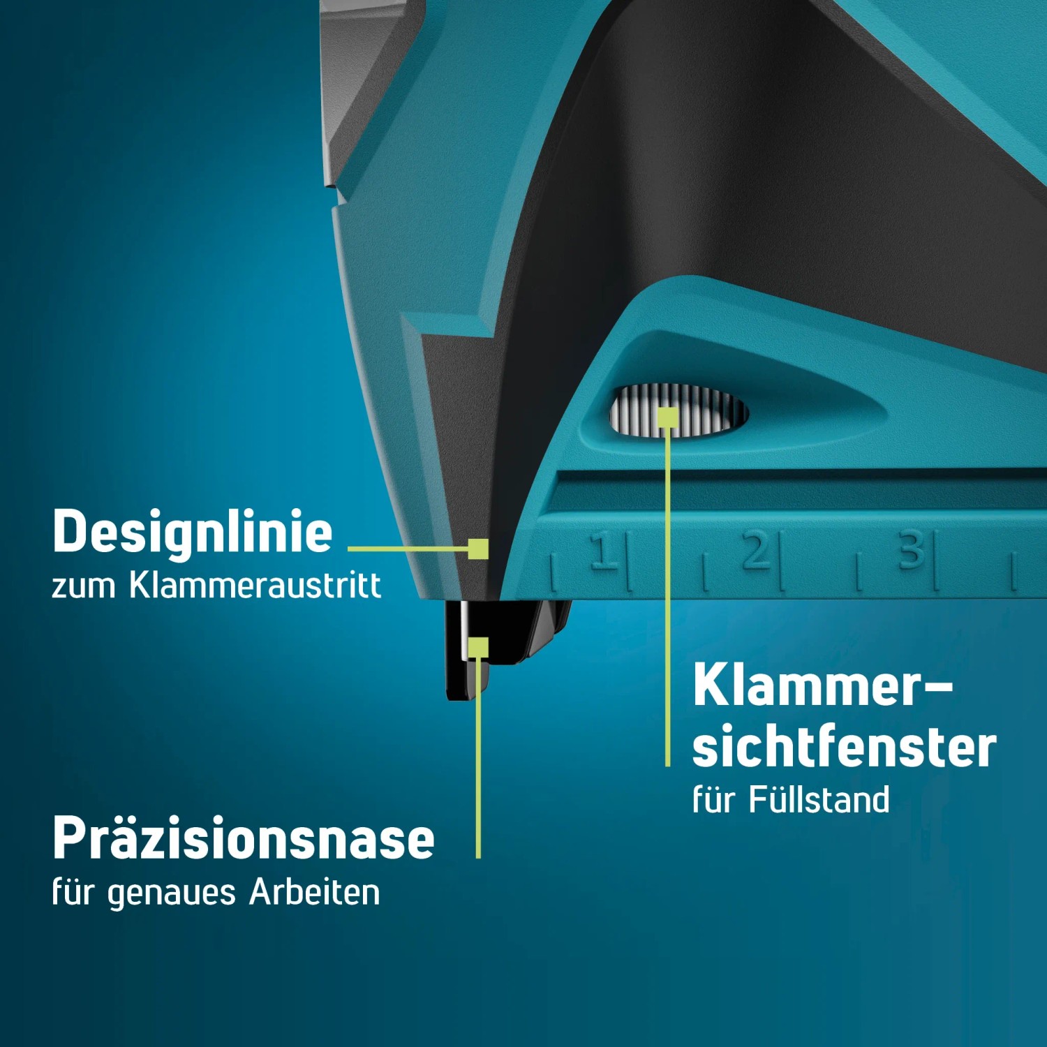 Detailaufnahme Novus Elektrotacker J-151: Präzisionsnase, Designlinie, Klammersichtfenster.