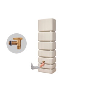 4rain Wandtank Slim 350 l in Sandbeige mit Auslaufhahn. Schlanke Regentonne zur Gartenbewässerung.