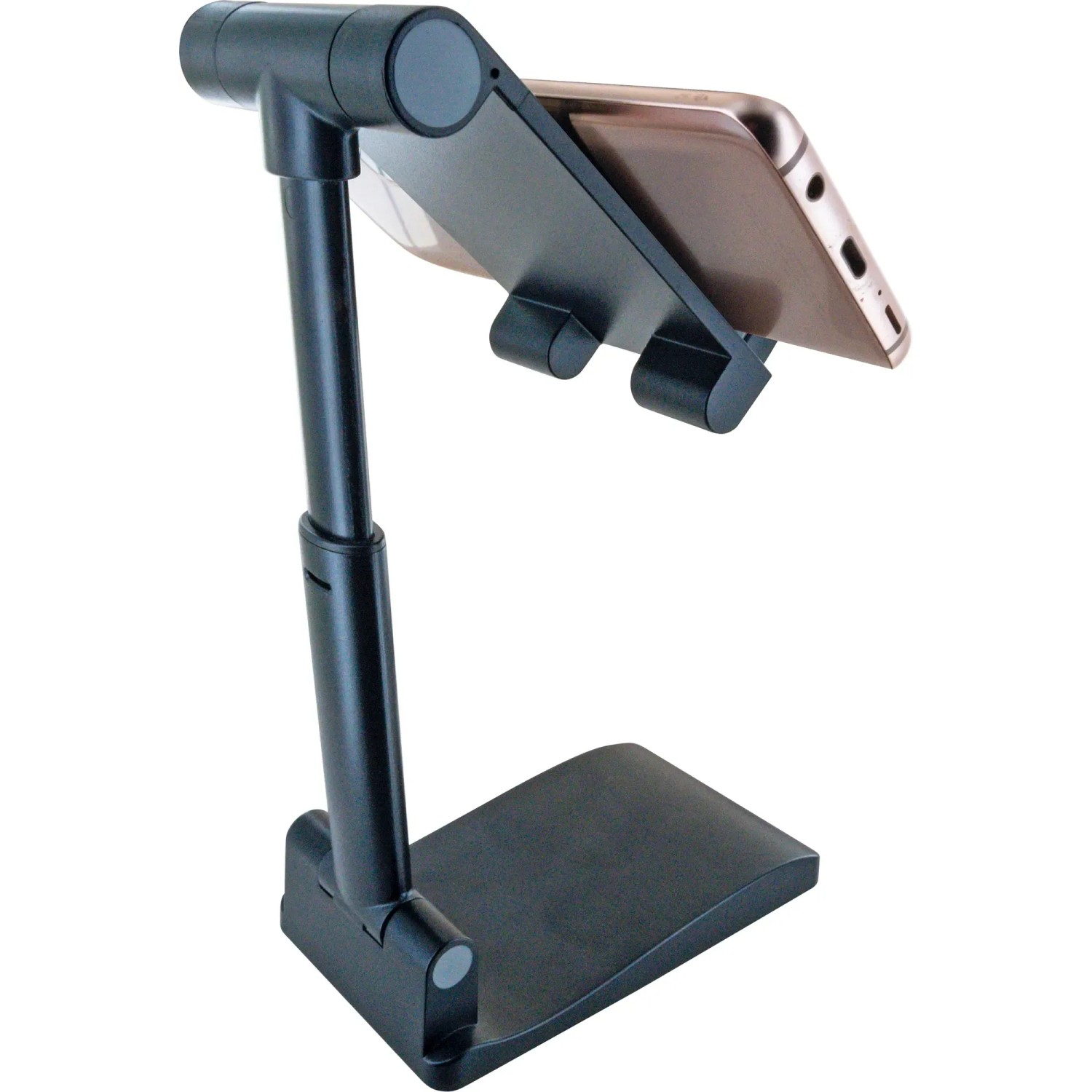 Schwarze, flexible Smartphone-Halterung Universal mit Handy auf Tisch.