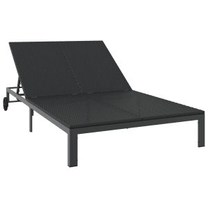 Schwarze vidaXL Doppel-Sonnenliege aus Rattan mit Kissen und Rädern.
