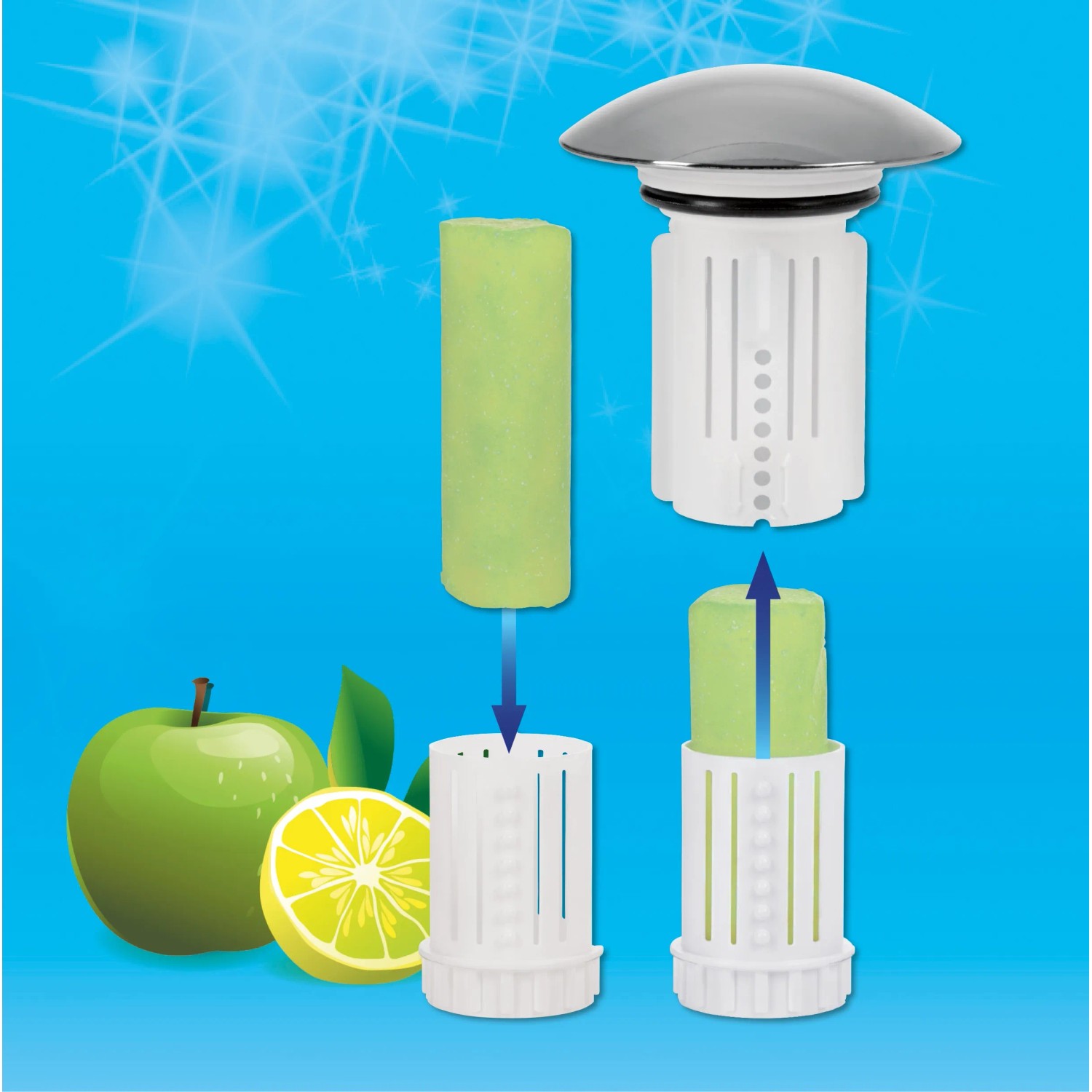 Abfluss-Fee Waschbeckenstöpsel Weiß-Chrom mit Apfel-Zitrone Duft, Montage dargestellt.