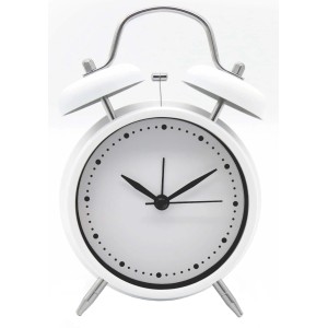 Weißer Wall-Art Tischwecker im Retro-Design, 11,7 x 16 cm, mit Weckfunktion.