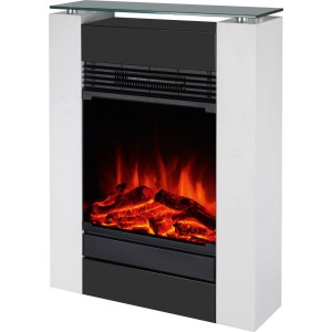 Moderner weißer Elektro-Kamin Glasbury Fire mit schwarzer Glasfront, LED-Flammeneffekt und Holzoptik. Kompakter Elektrokamin.