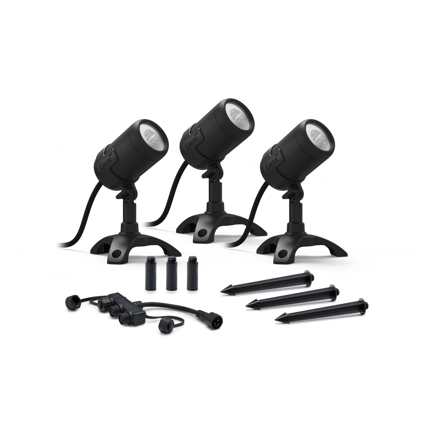 Oase LunAqua Connect M 3er-Set: Unterwasserbeleuchtung mit 3 Spots, Erdspießen und Verteiler für den Gartenteich.
