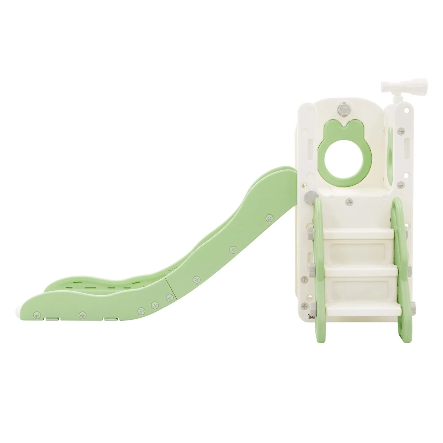 Grüne Joyz 3in1 Kinderrutsche mit Spielturm, Kletterleiter und Basketballkorb.