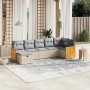 Beige 7-tlg. Rattan Garten-Sofagarnitur mit grauen Kissen für Terrasse und Garten.