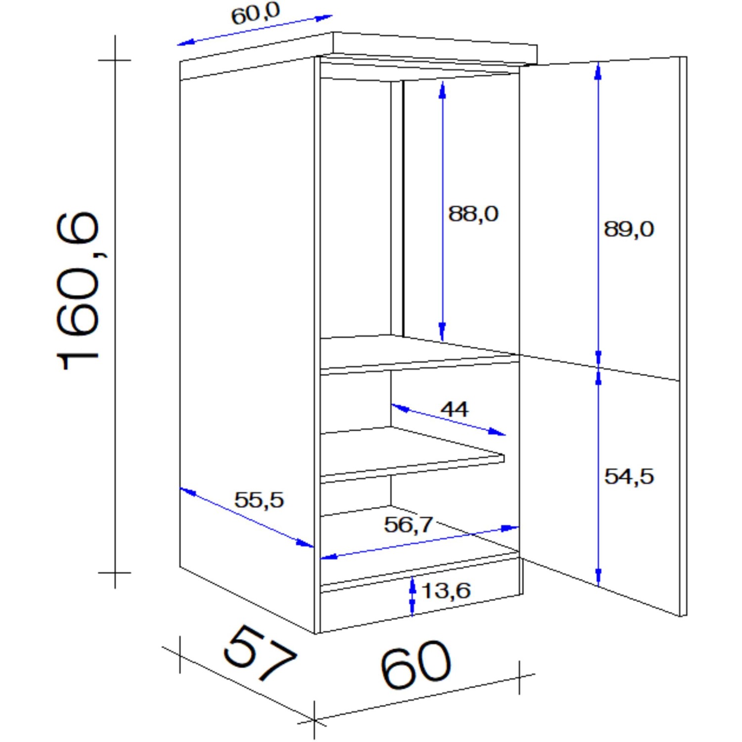 Skizze: Flex-Well Exclusiv Demi-Geräteumbauschrank Valero, 60 cm, Hochglanz Weiß, mit Maßen.