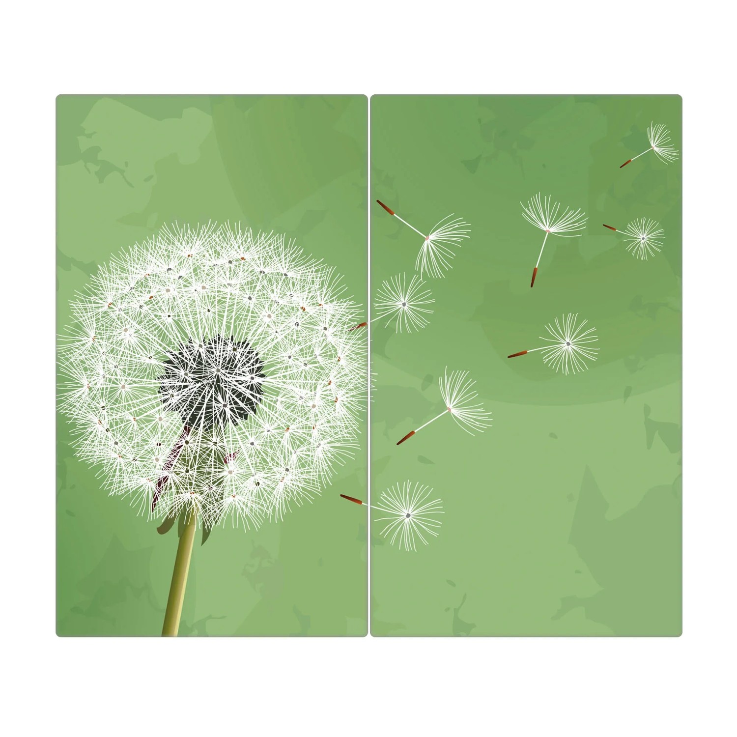 2-teilige Glas Herdabdeckplatte mit Pusteblumen Motiv, je 30x52cm, auch als Schneidebrett nutzbar.
