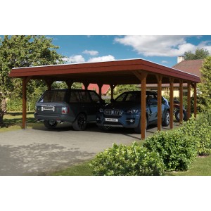 Skan Holz Doppelcarport Spreewald, Nussbaum mit roter Blende, für zwei PKW.