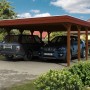 Skan Holz Doppelcarport Spreewald, Nussbaum mit roter Blende, für zwei PKW.