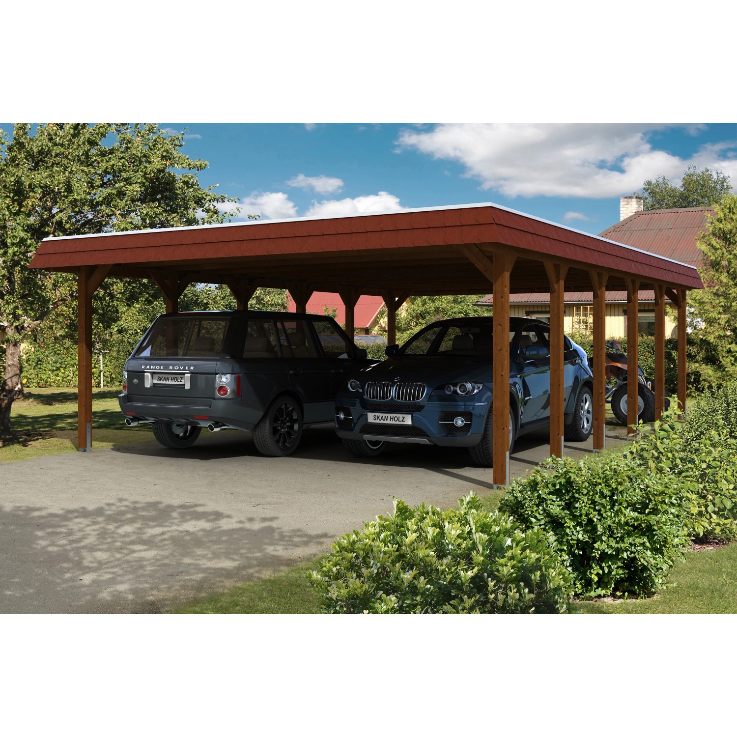 Skan Holz Carport Spreewald 585 cm x 893 cm rote Blende Nussbaum günstig online kaufen