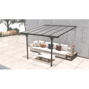 Westmann Terrassendach aus Aluminium, 313x300 cm, schwarz, mit Doppelstegplatten über einer Loungegruppe.