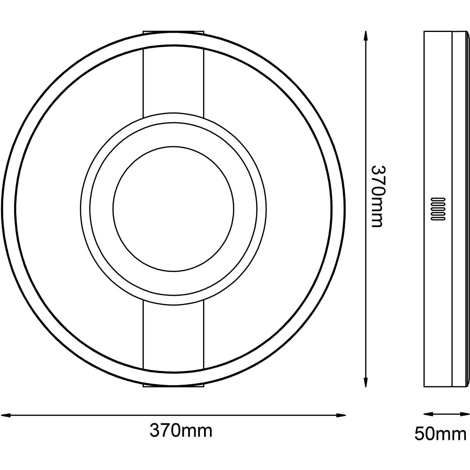 Technische Zeichnung der schwarzen LED-Deckenleuchte Maureen, 37x37 cm, mit Maßangaben.