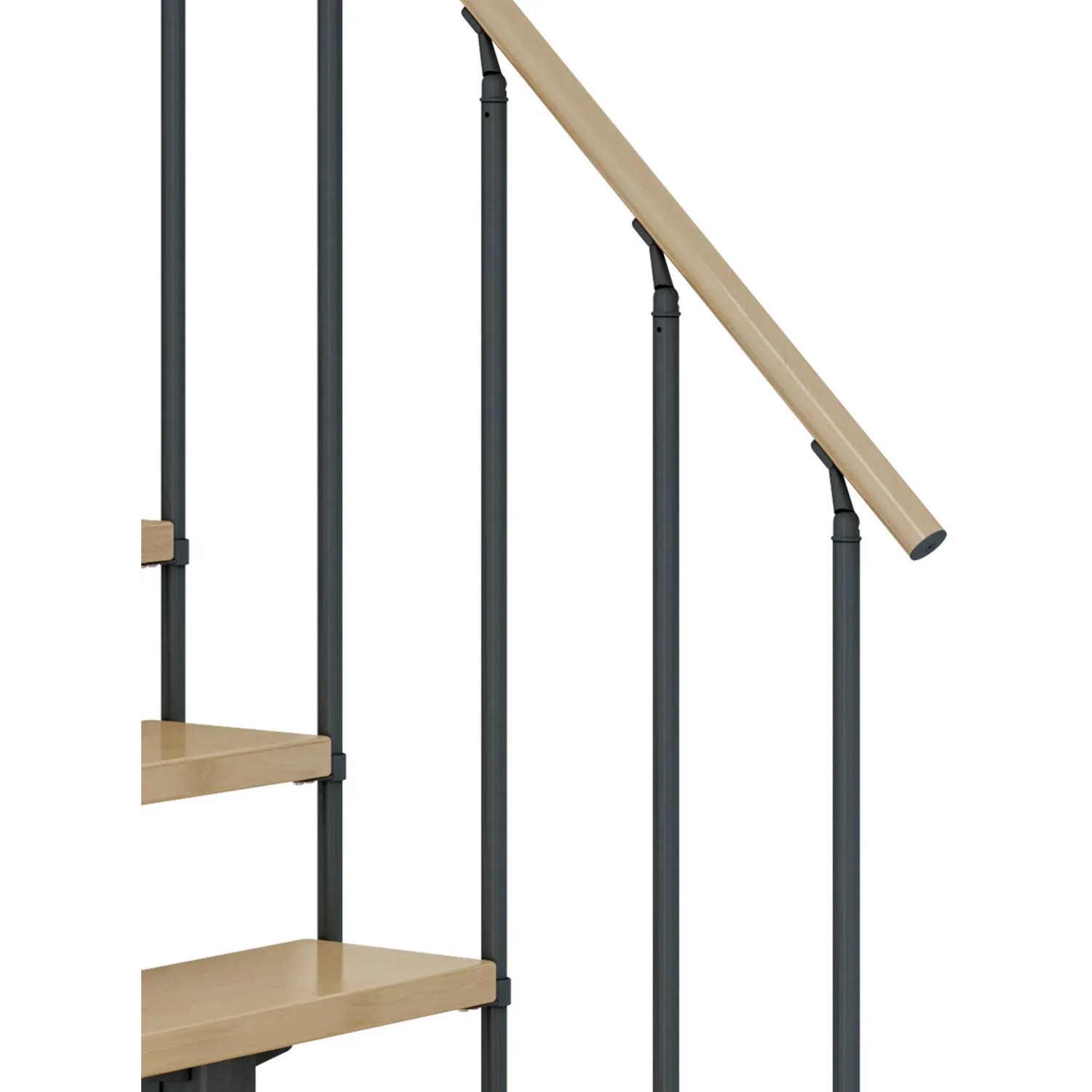 Dolle Mittelholmtreppe Cork, Ahorn/Anthrazit, mit Holzhandlauf und Metallgeländerstäben.