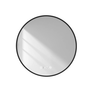 Runder Emke LED Badspiegel, 60 cm, mit schwarzem Rahmen, Antibeschlag, Uhr und Temperaturanzeige.