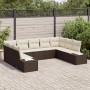 Braunes 9-teiliges vidaXL Garten-Sofa-Set aus Poly Rattan mit beigen Kissen.