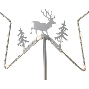 LED-Stern mit Standfuß, silberfarben, mit Rentier und Tannenbaum, warmweißes Licht für weihnachtliche Deko.