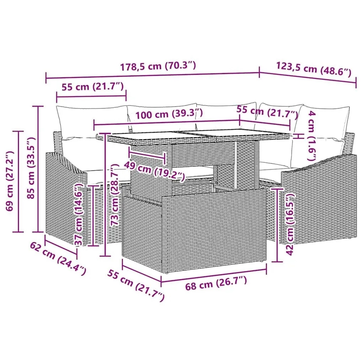 vidaXL Gartenmöbel-Set, 5-teilig, beige/hellgrau, Poly-Rattan, mit Maßangaben für Abmessungen.