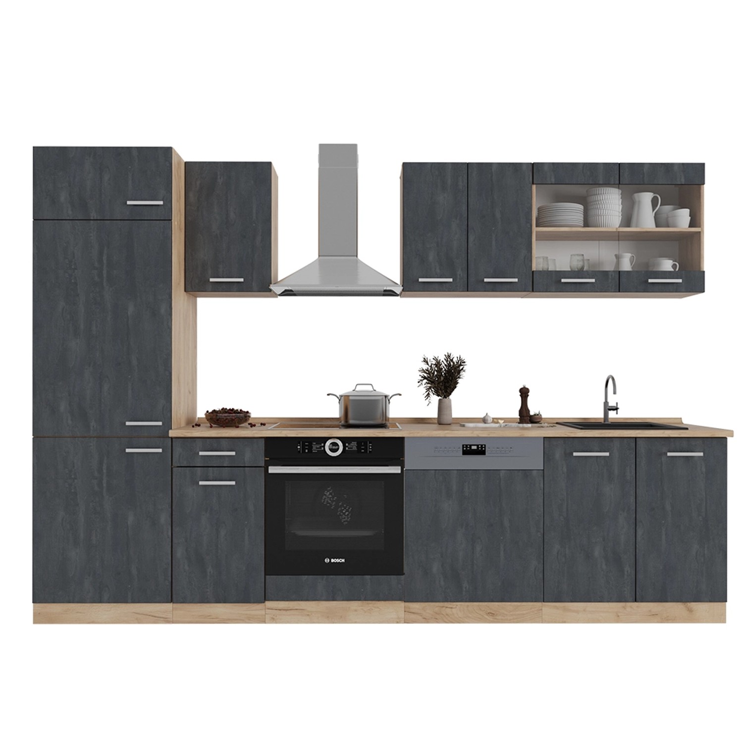 Vicco R-Line Küchenzeile Schwarz Beton/Goldkraft Eiche 300 cm AP Eiche günstig online kaufen