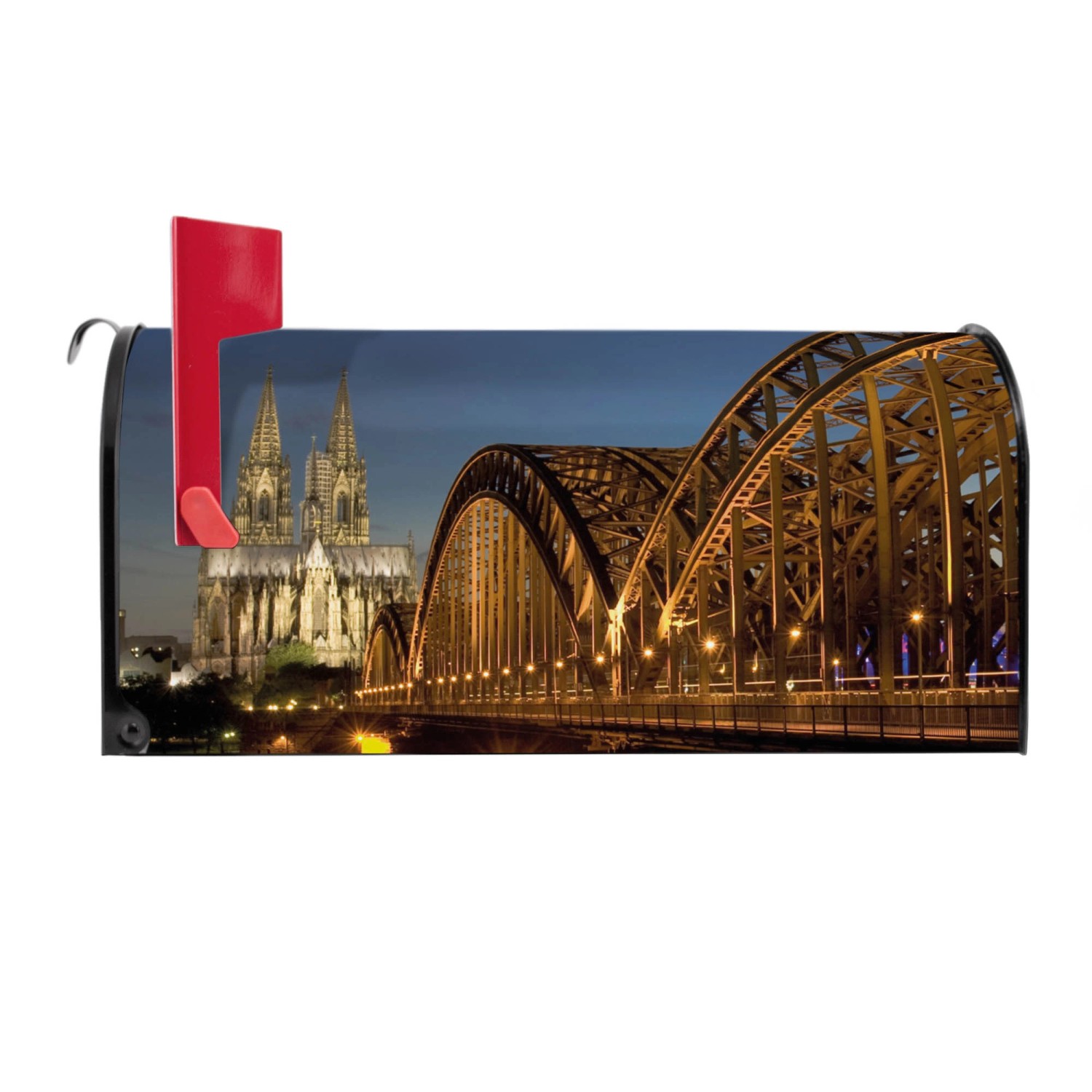 Schwarzer Banjado US Briefkasten mit Köln Motiv (Dom, Brücke) und roter Fahne.