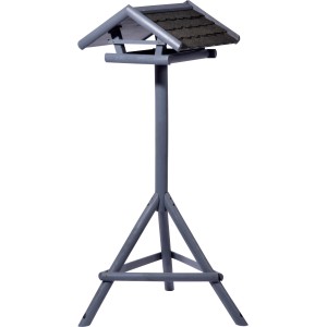 Anthrazitfarbenes Dobar Vogelhaus Panorama aus Holz mit Ständer und Bitumendach.