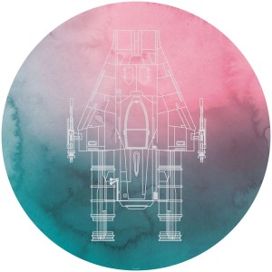 Runde Star Wars Tapete mit A-Wing Design in Rosa und Blaugrün, selbstklebend, Durchmesser 128 cm.