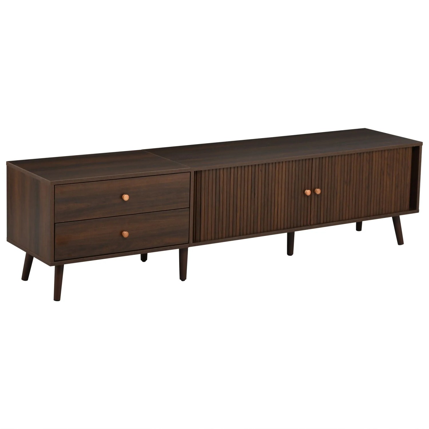 okwish TV Schrank Walnuss Rolltür 2 Schubladen 7 Füße Lowboard 180x40x46.5cm Natur