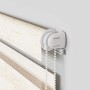 Marmorbeiges Doppelrollo mit Kettenzug und gestreiftem Polyesterstoff. Ideal als Sicht- und Sonnenschutz.