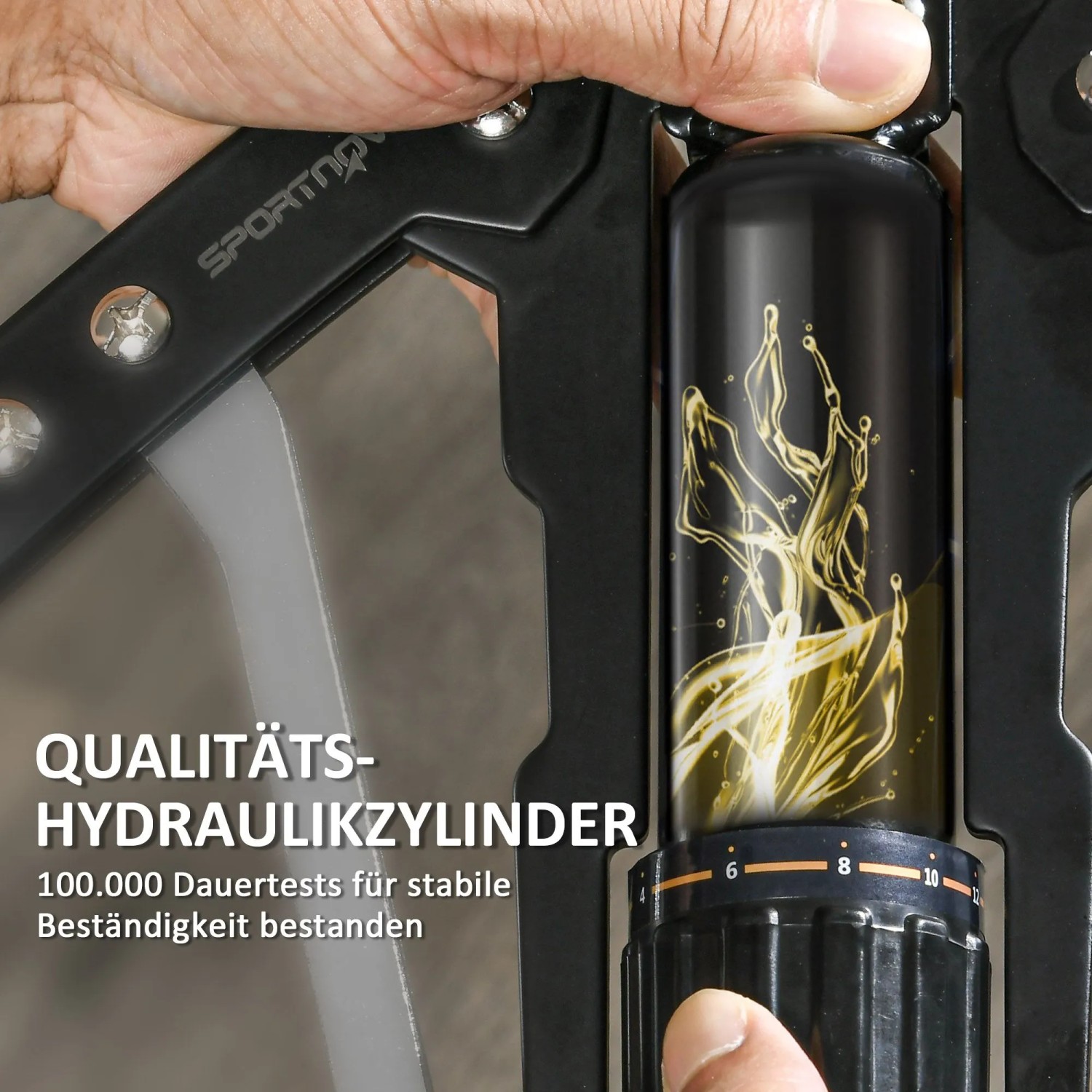 SPORTNOW Power Twister: Nahaufnahme des schwarzen Hydraulikzylinders und der Widerstandseinstellung. Eine Hand justiert das Sportgerät.