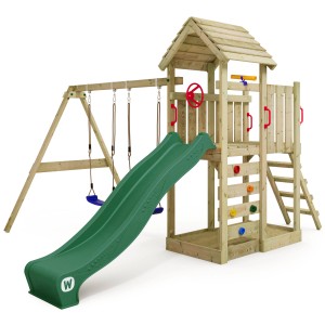 Wickey Spielturm MultiFlyer mit Schaukel, Rutsche und Kletterwand aus Holz.