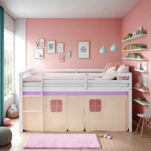 Homestyle4u Hochbett 90x200 mit lila Vorhang, Leiter und weißem Rahmen im Kinderzimmer.