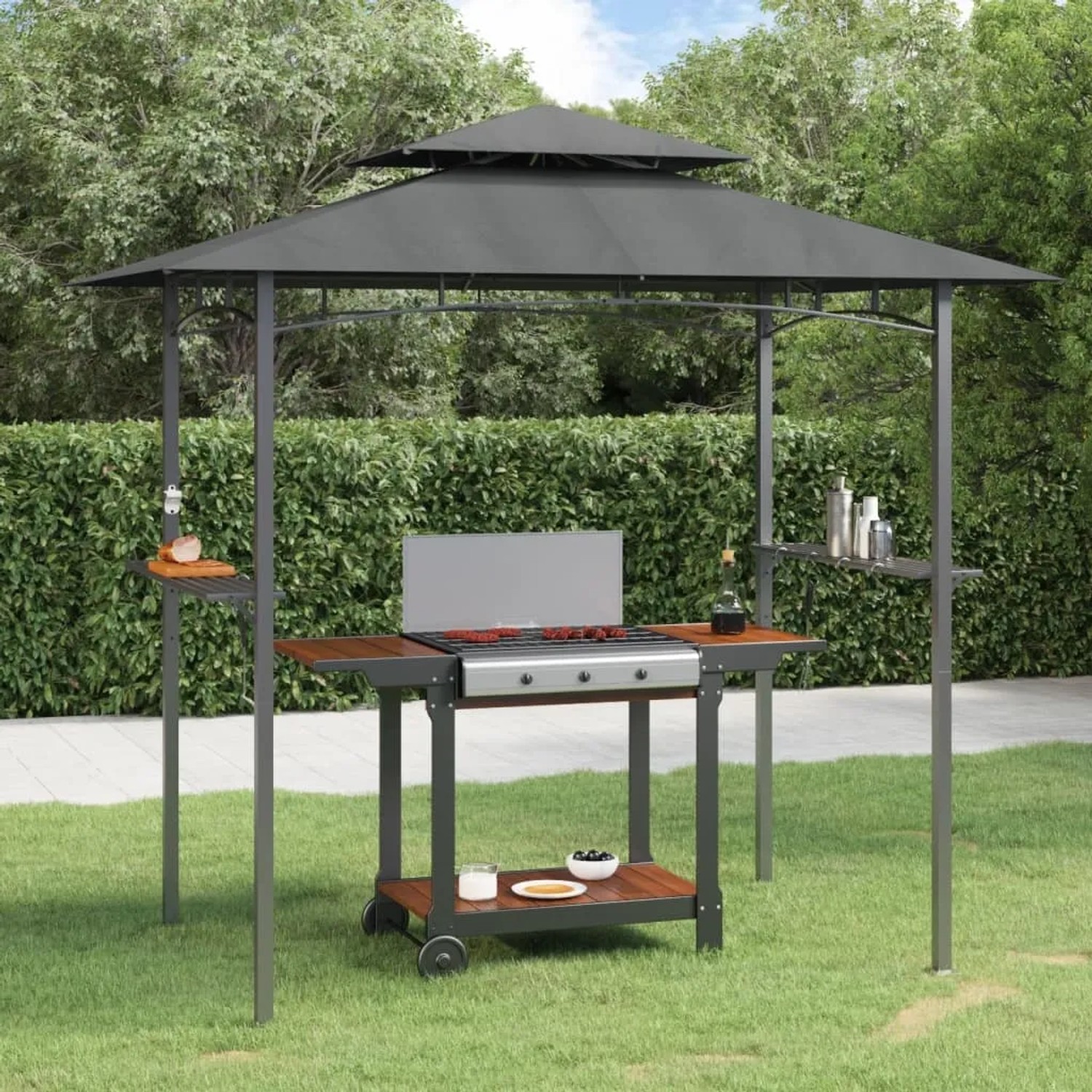 Anthrazit Grillpavillon mit Stahlrahmen und Seitenregalen für den Garten.