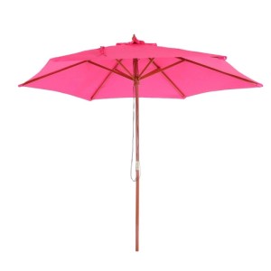 Pinker Sonnenschirm Lissabon Ø 3m mit braunem Holzgestell, Seilzug und Lüftungsschlitz. UV-Schutz 50.