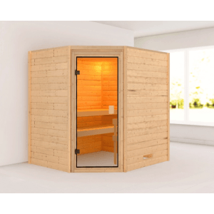 Karibu Innensauna Mila aus hellem Fichtenholz mit Glaseingangstür und Holzbänken. Eckdesign für 1-2 Personen.