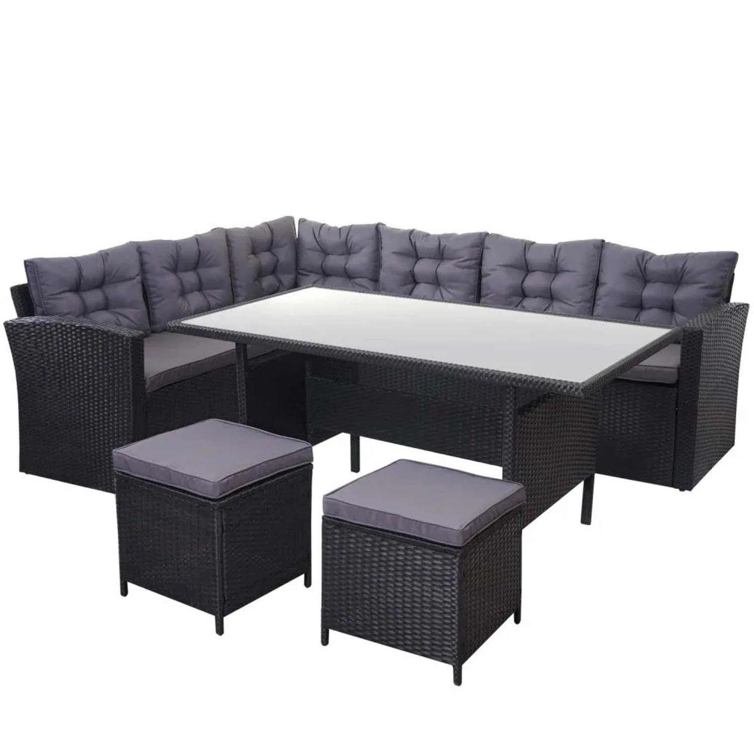 MCW Poly-Rattan-Garnitur A29 mit 2x Hocker Kissen Dunkelgrau mit 2x Hocker