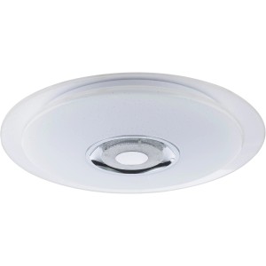 Weiße LED-Deckenleuchte mit Sternenhimmeleffekt, dimmbar und mit Lautsprecherfunktion, Ø 47,5 cm.