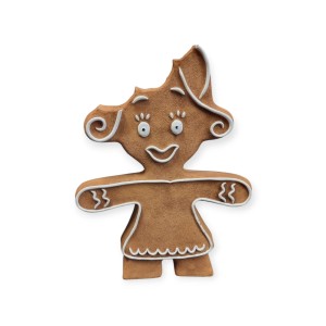 Dekorative Pfefferkuchenfrau, 21 cm, mit angebissenem Kopf. Witzige Weihnachtsdeko aus Polyresin.