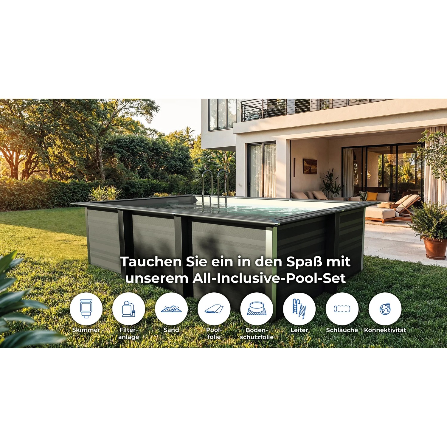 Rechteckiger Gre Pool Avantgarde aus WPC mit LED, 606x326x124 cm, braun. Inkl. Zubehör.