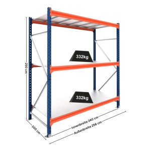 PROREGAL DOMINUS Schwerlastregal, 250x240x100cm, 3 blaue/orange Ebenen, Stahlplatten, 332kg Fachlast.