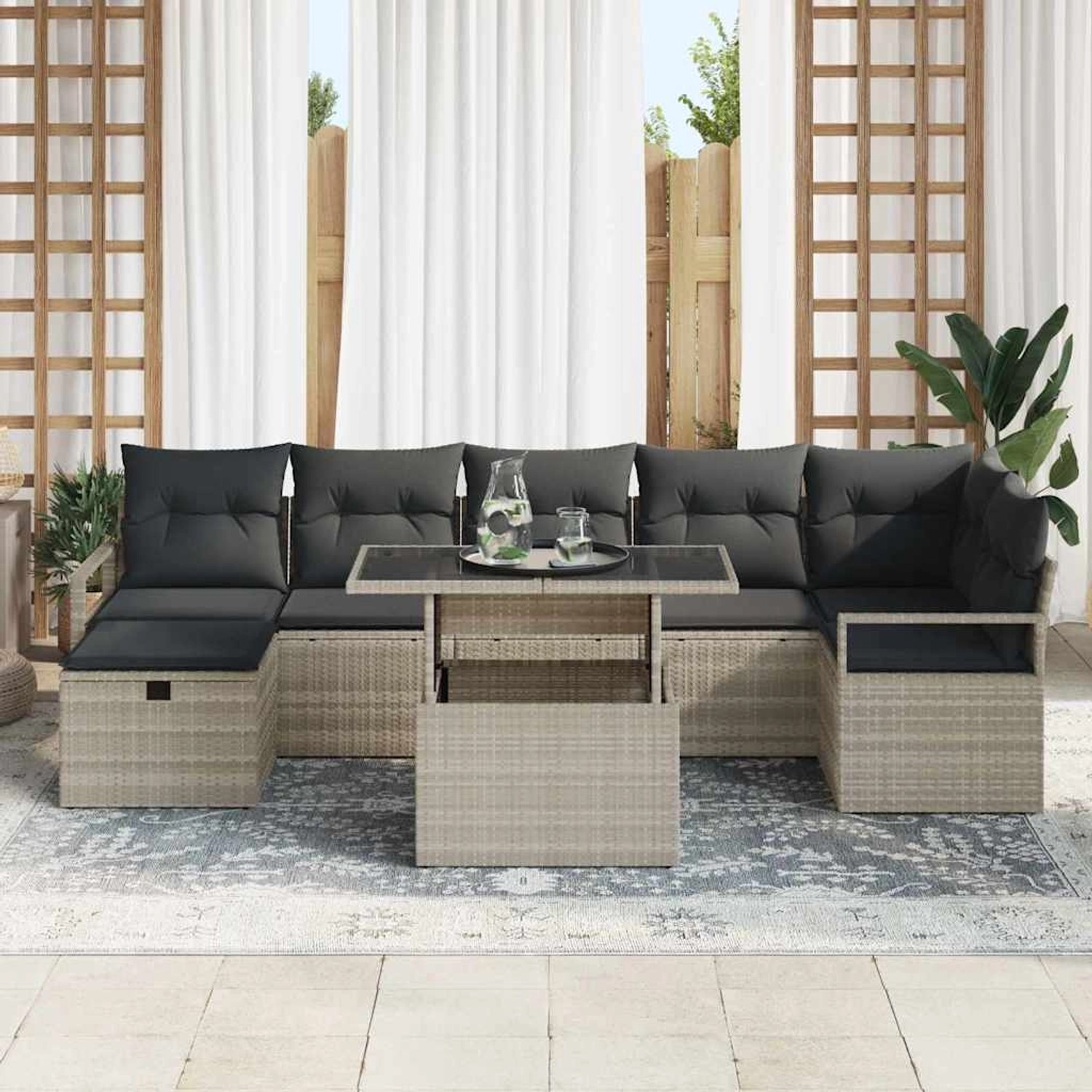 Hellgraues 8-tlg. vidaXL Garten-Sofa-Set aus Poly Rattan mit Tisch und Kissen.