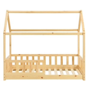 Juskys Kinderbett Marli, 80x160 cm, Naturholz, mit Rausfallschutz und Lattenrost im Hausdesign.