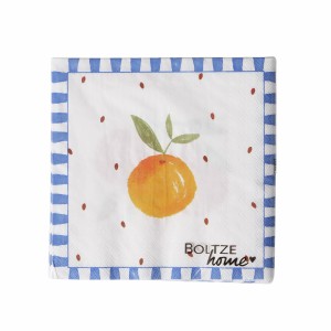 Boltze Servietten Fruits mit Orangenmotiv und blau-weißem Rand.